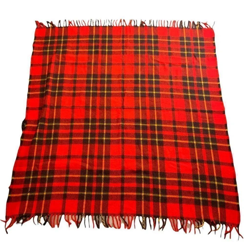 Vintage Faribo Fluff Loomed Wool Blanket 56 x 54 Red Tartan Plaid Fringe Throw